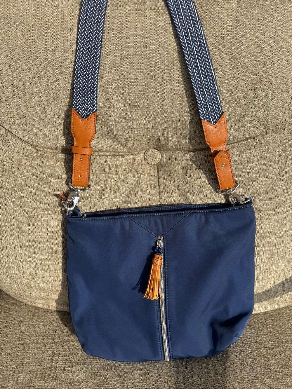 Stella & Dot Navy Crossbody with Tan Leather Trim